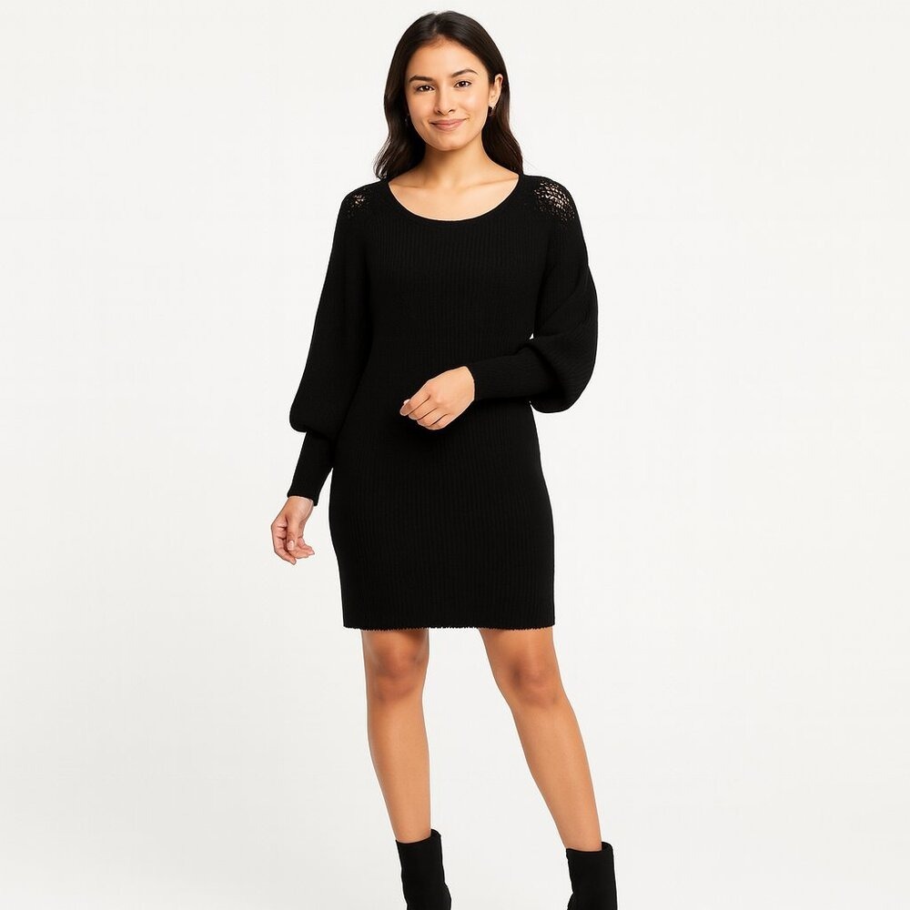 Black Ribbed Sweater Dress Puff Sleeve Lace Shoulder Detail Mini